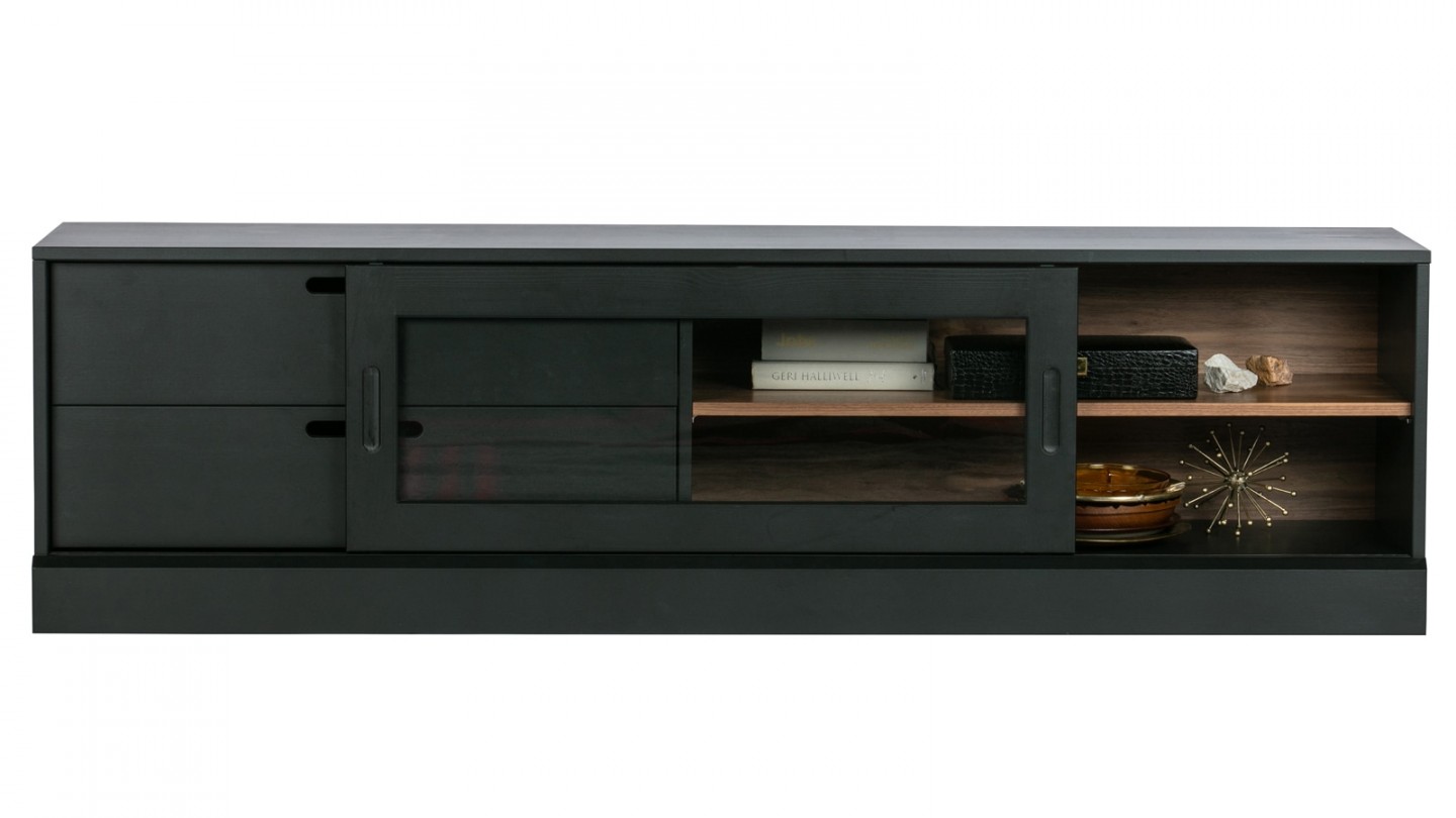 Meuble TV 1 porte 2 tiroirs en bois noir mat - Collection James - Woood