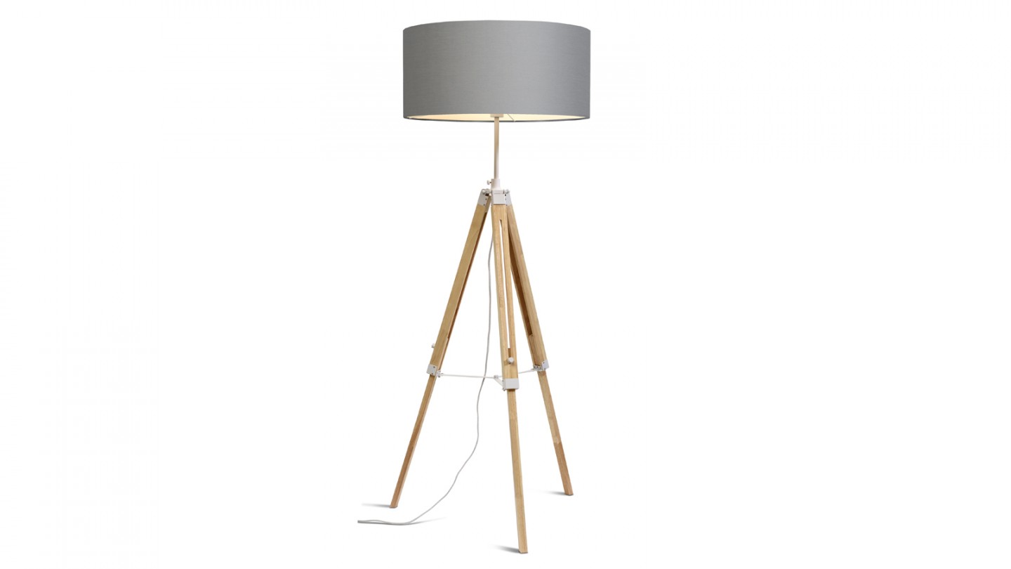 Lampe trépied en bois et abat-jour gris H58cm - RETIF