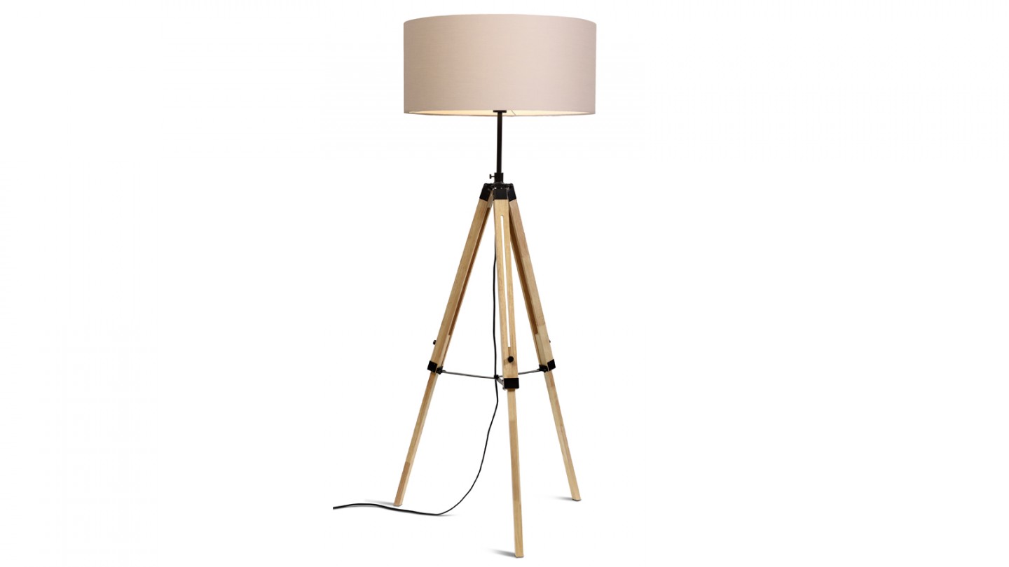 Lampadaire trépied en bois et métal noir abat jour en coton taupe - Collection Darwin - It's About Romi