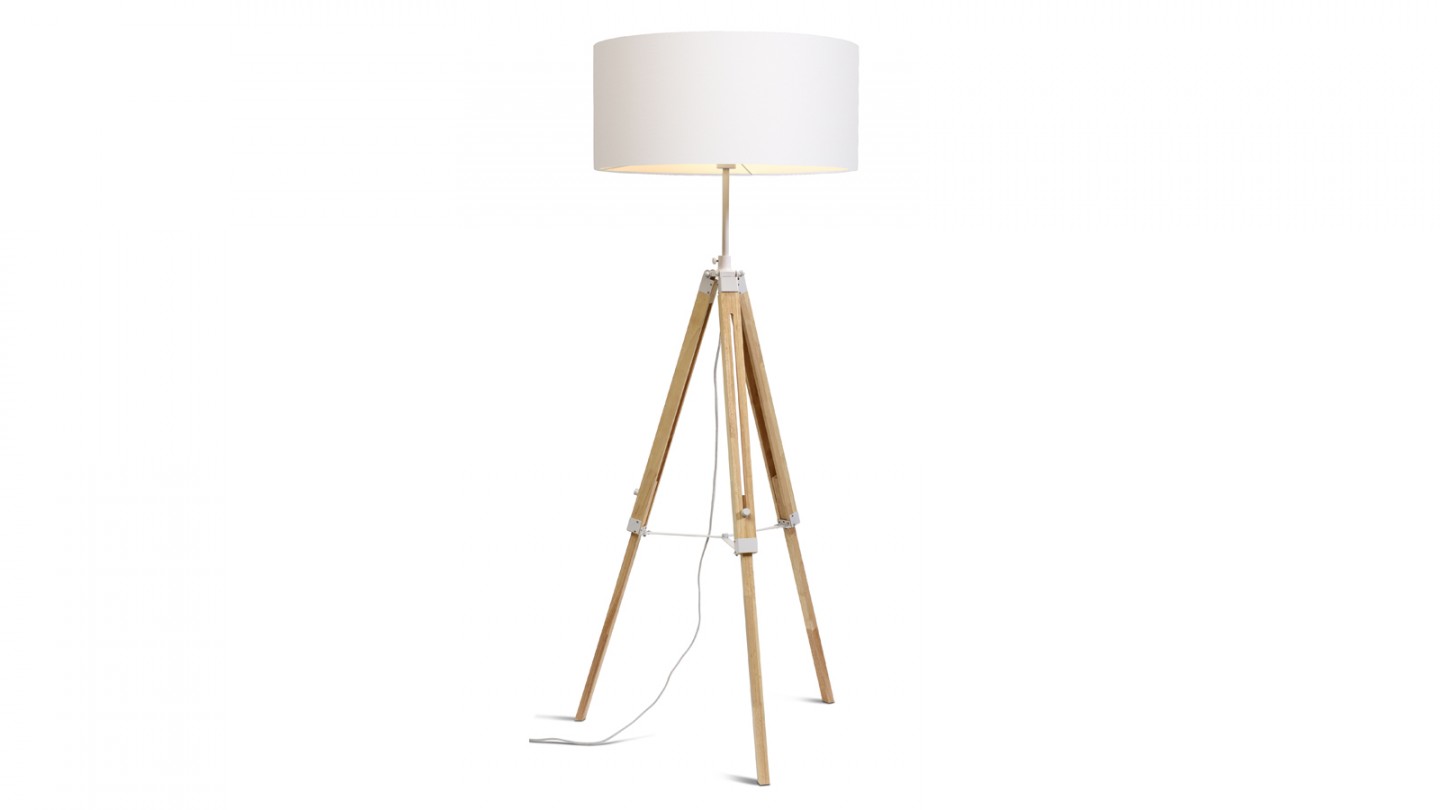 Lampadaire trépied en bois et métal blanc abat jour en coton blanc - Collection Darwin - It's About Romi