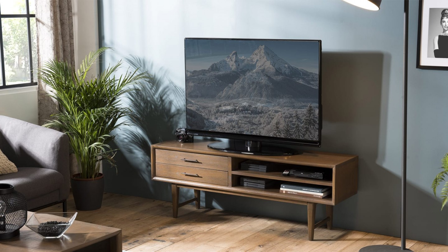 Meuble TV 2 tiroirs 2 niches en mindi - Collection Lara