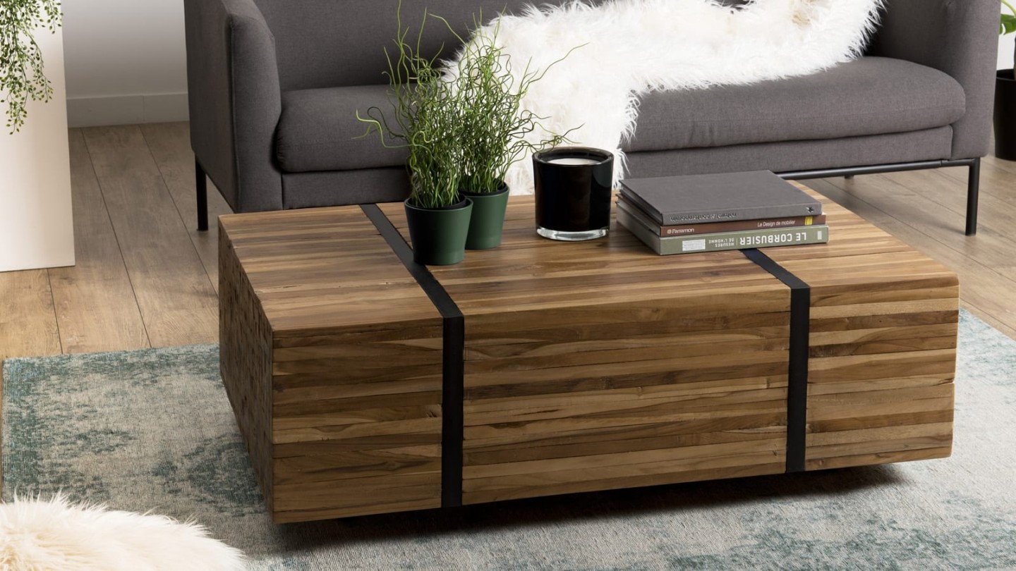 Table basse avec roulettes en teck recyclé cerclée de métal - Collection Sam