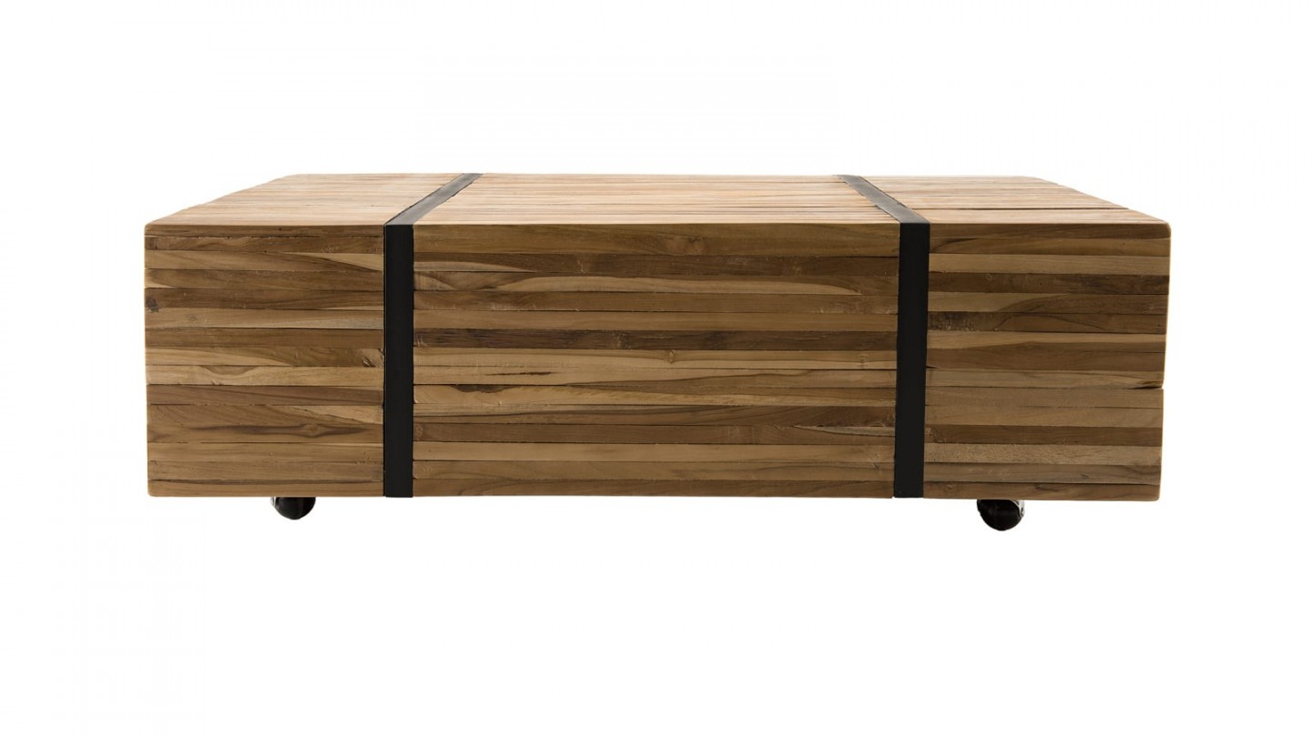 Table basse avec roulettes en teck recyclé cerclée de métal - Collection Sam
