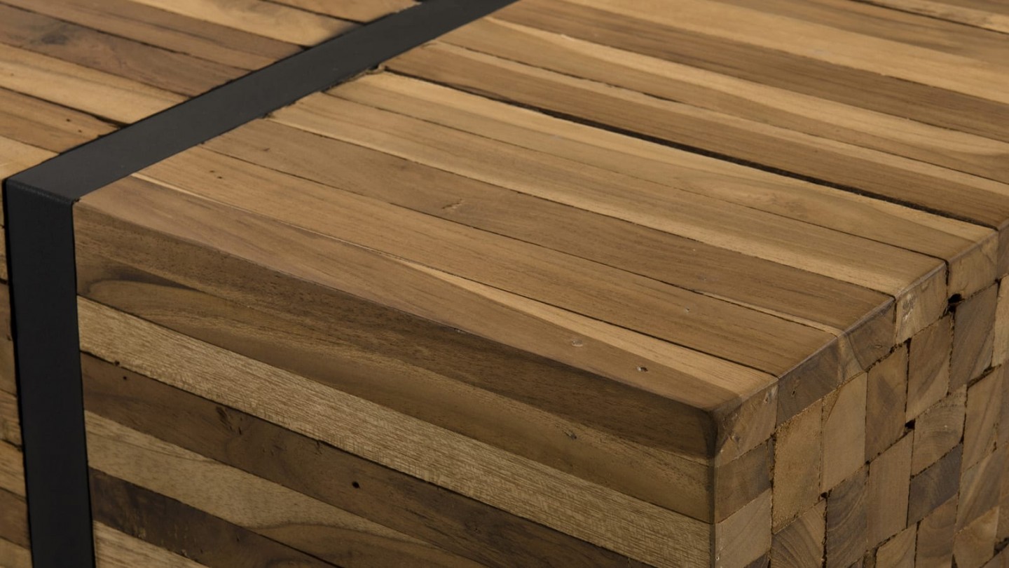 Table basse avec roulettes en teck recyclé cerclée de métal - Collection Sam