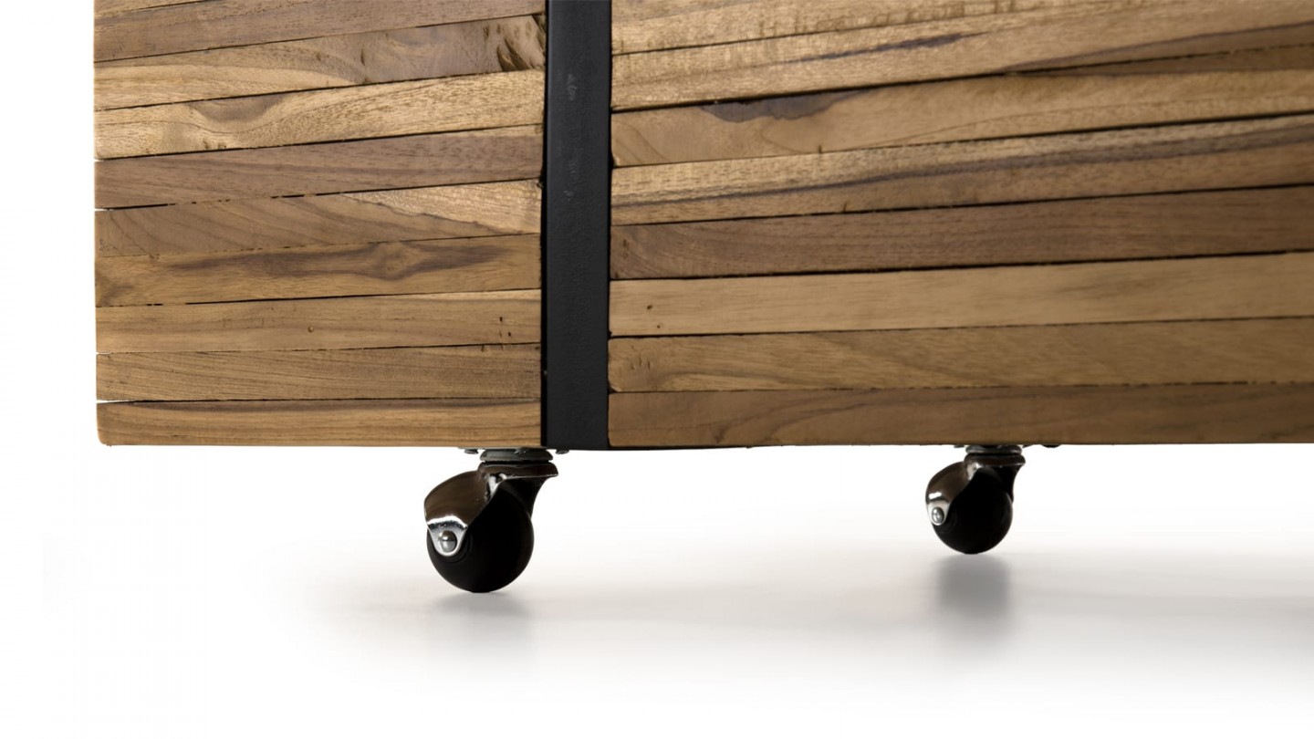 Table basse avec roulettes en teck recyclé cerclée de métal - Collection Sam