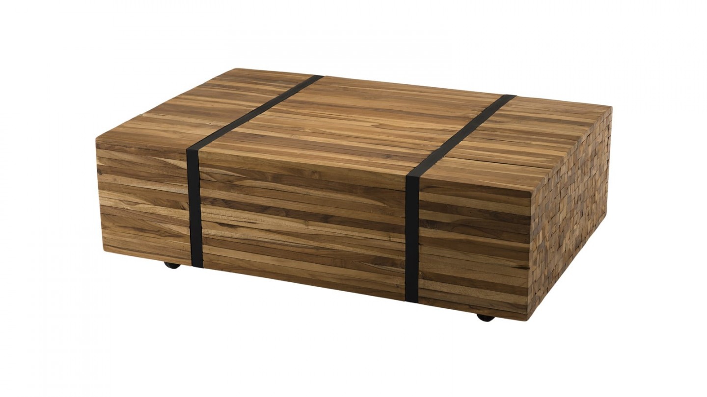 Table basse avec roulettes en teck recyclé cerclée de métal - Collection Sam