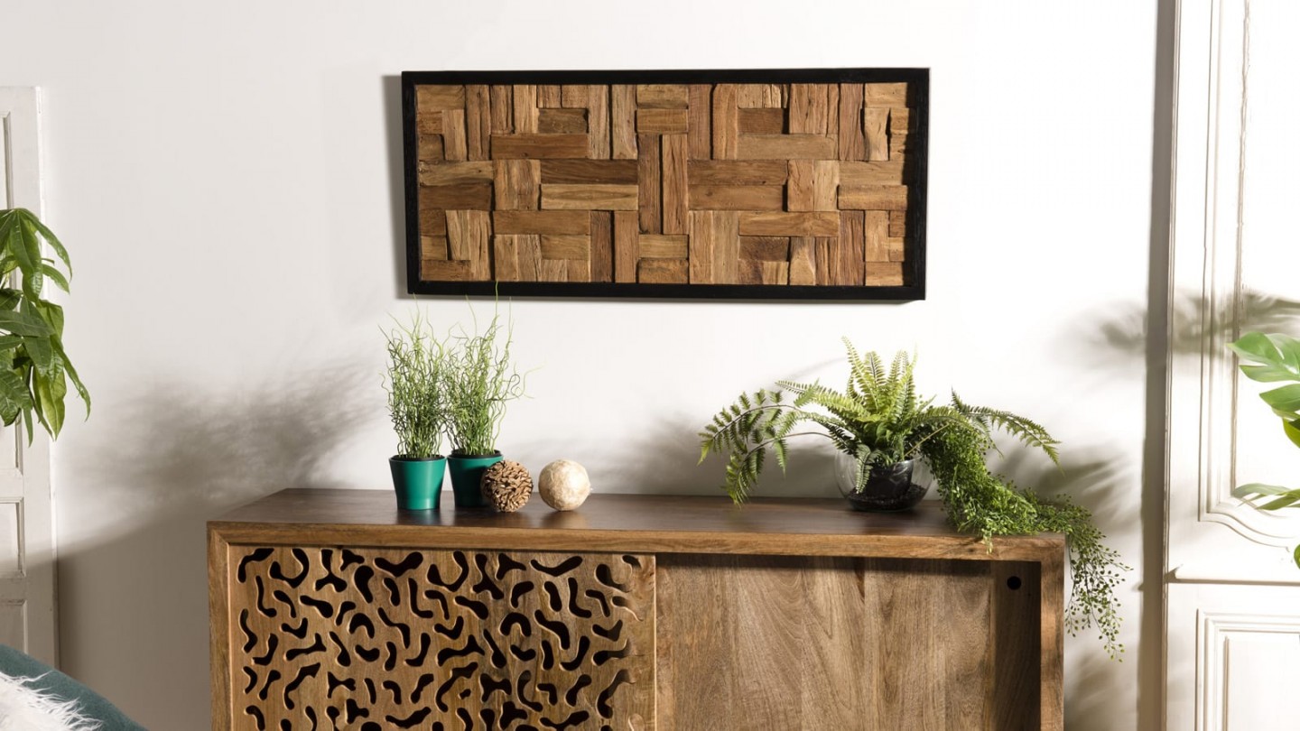 Décoration murale rectangulaire mozaïc en teck recyclé nature - Collection Sam