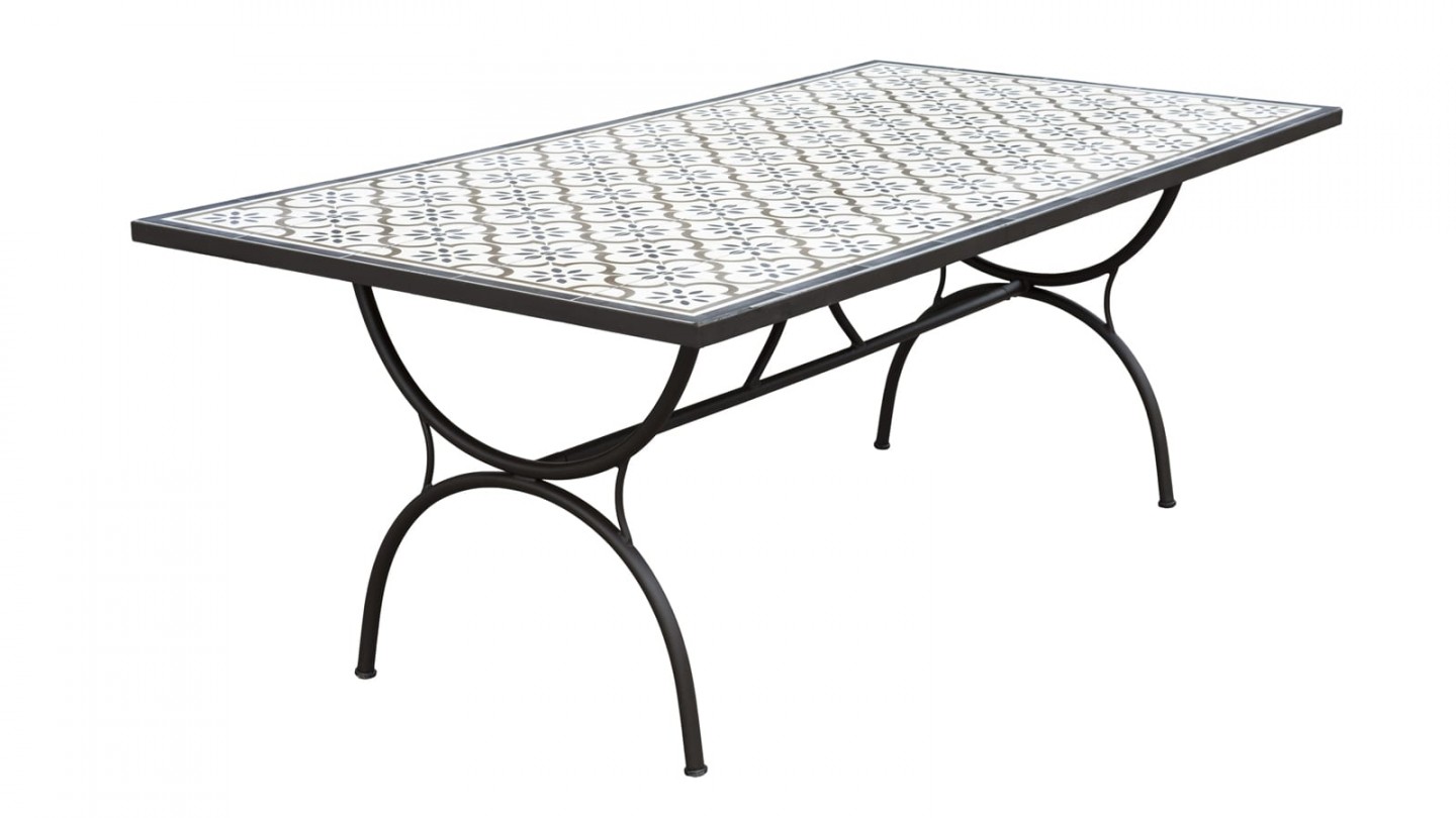 Table de jardin 6 personnes rectangulaire en carreaux de ciment piètement métal - Collection Vick