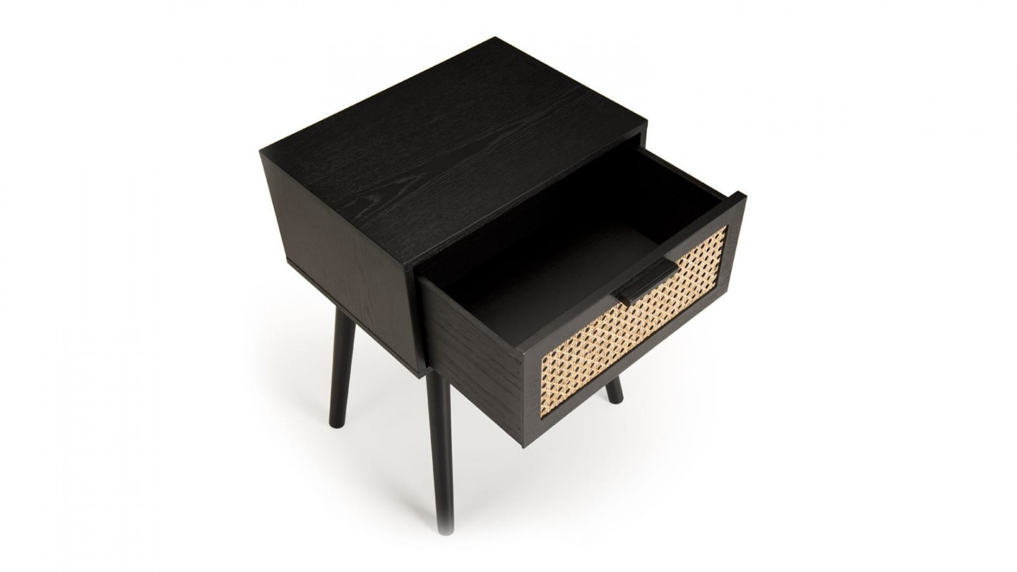 Table de chevet en bois noir avec tiroir en rotin - Collection Angelo