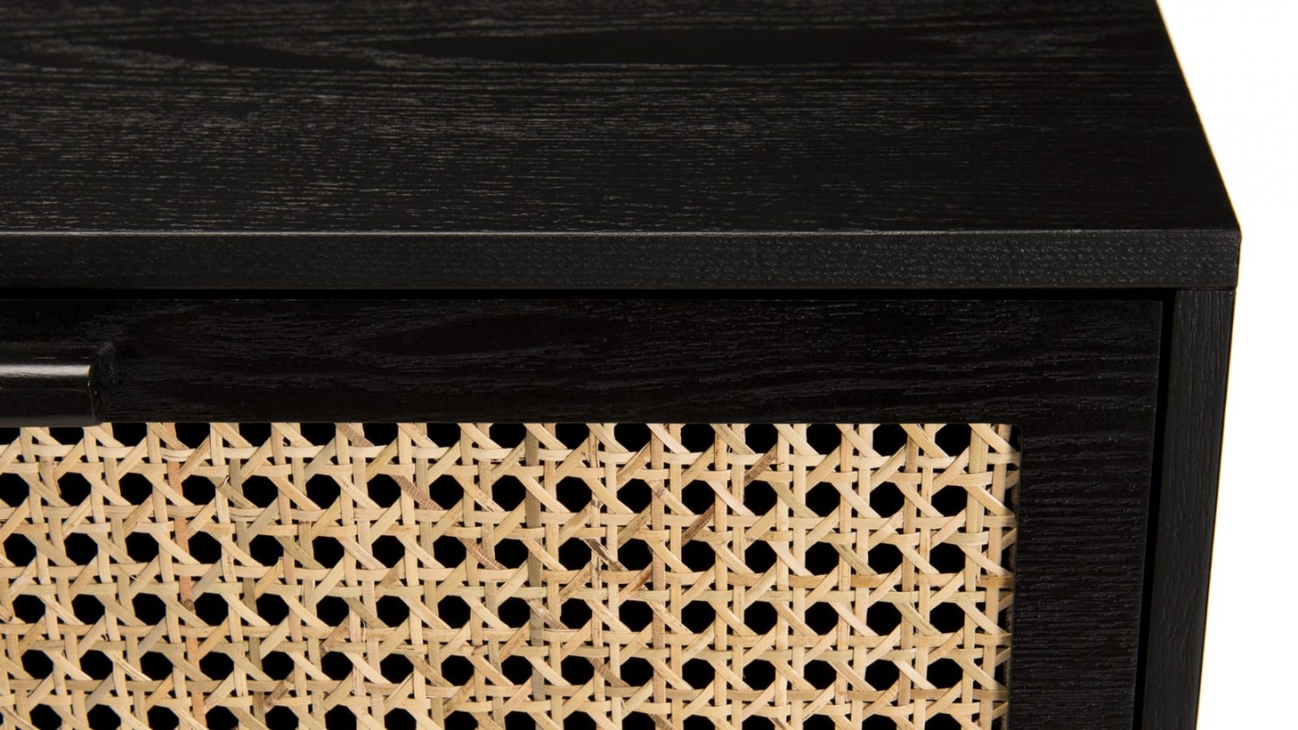 Console 2 tiroirs en bois noir et rotin - Collection Angelo