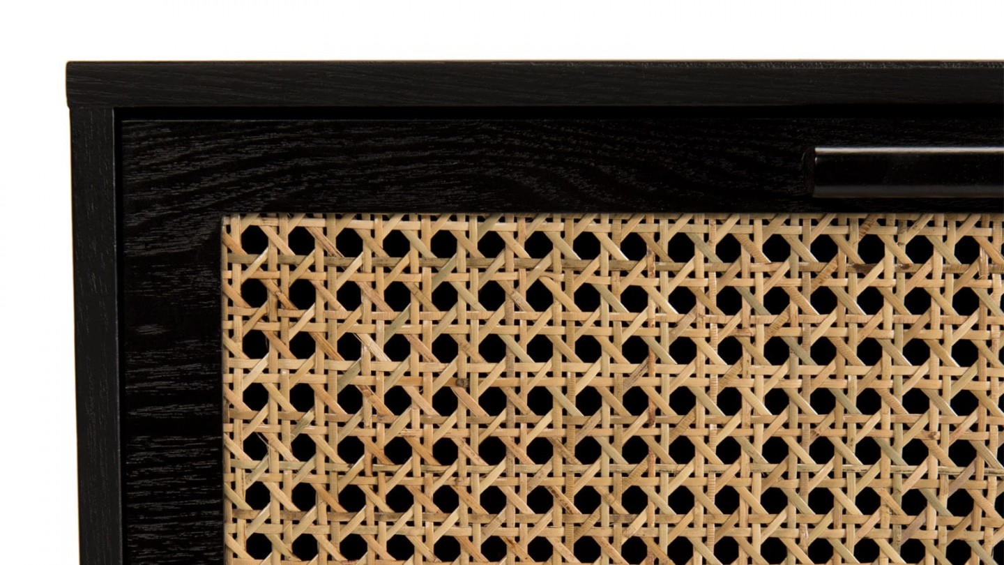 Table basse 2 tiroirs 2 niche en bois noir et rotin - Collection Rodrigo