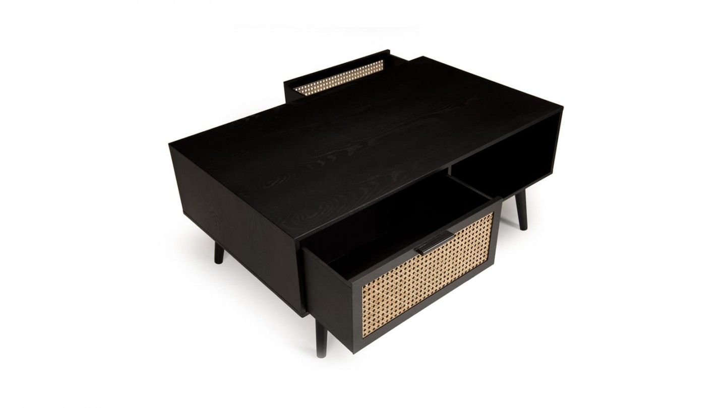 Table basse 2 tiroirs 2 niche en bois noir et rotin - Collection Rodrigo