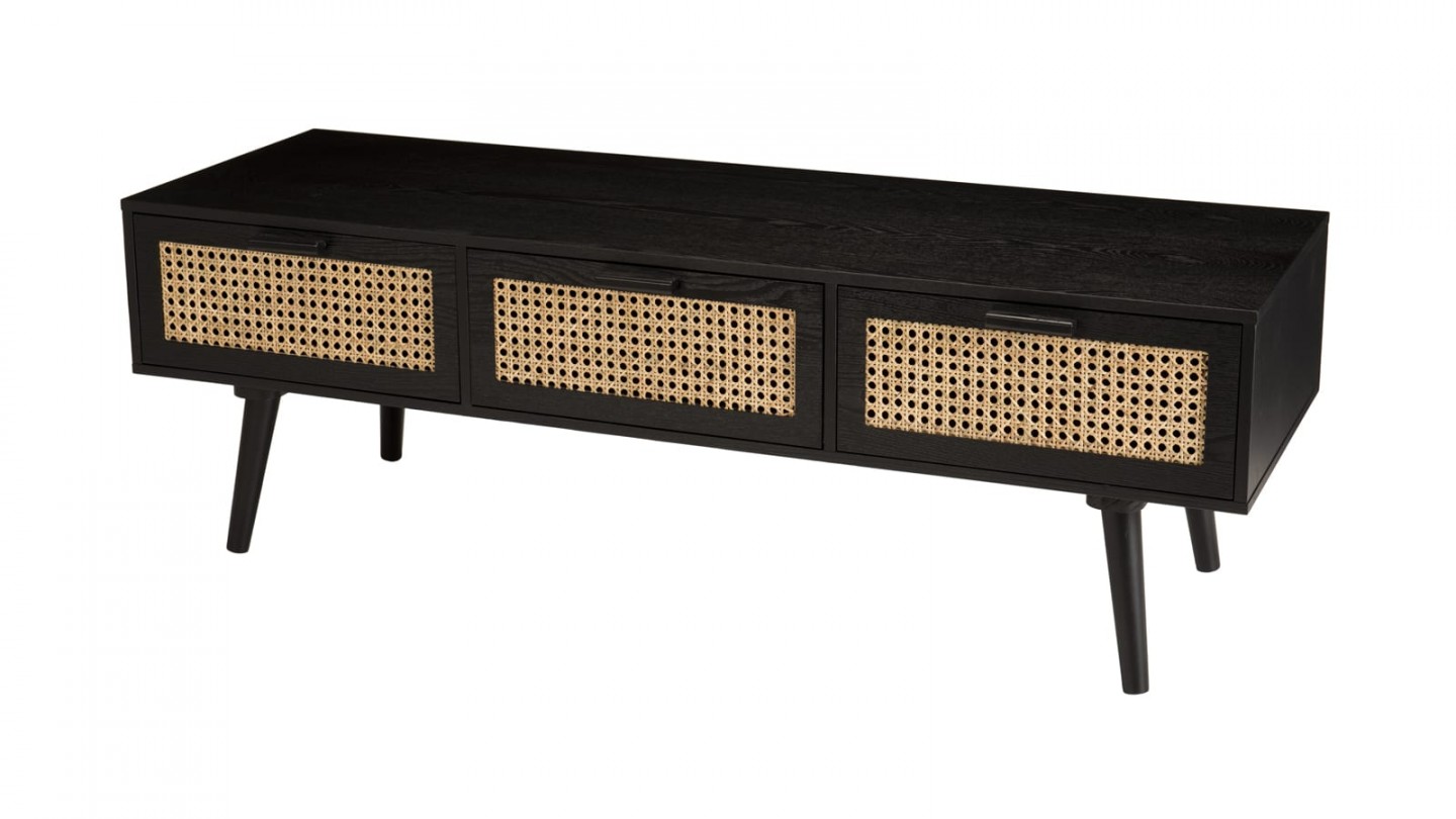 Meuble TV 3 tiroirs en bois noir et rotin - Collection Angelo