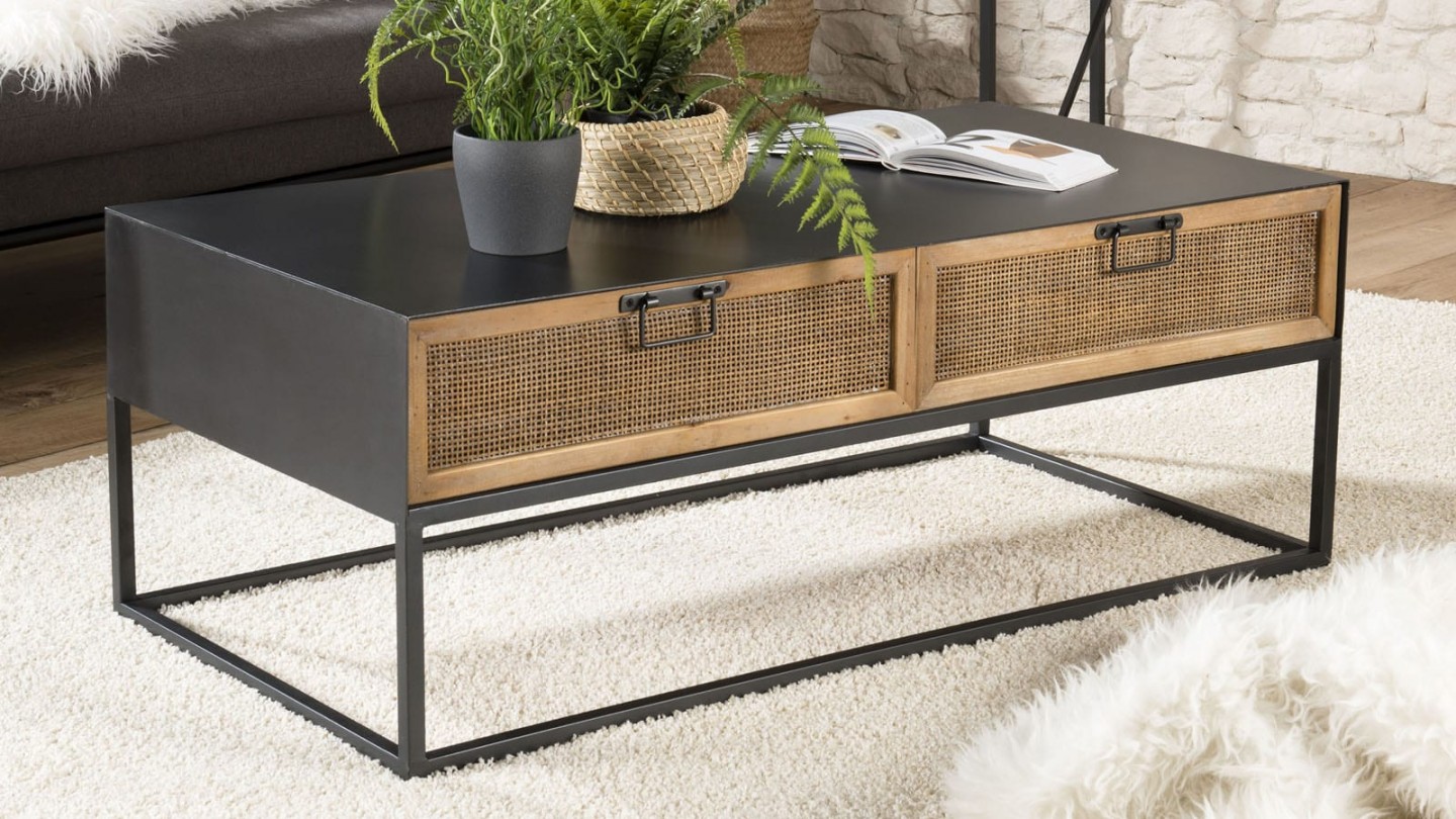 Table basse rectangulaire en métal noir 2 tiroirs en rotin - Collection Doria