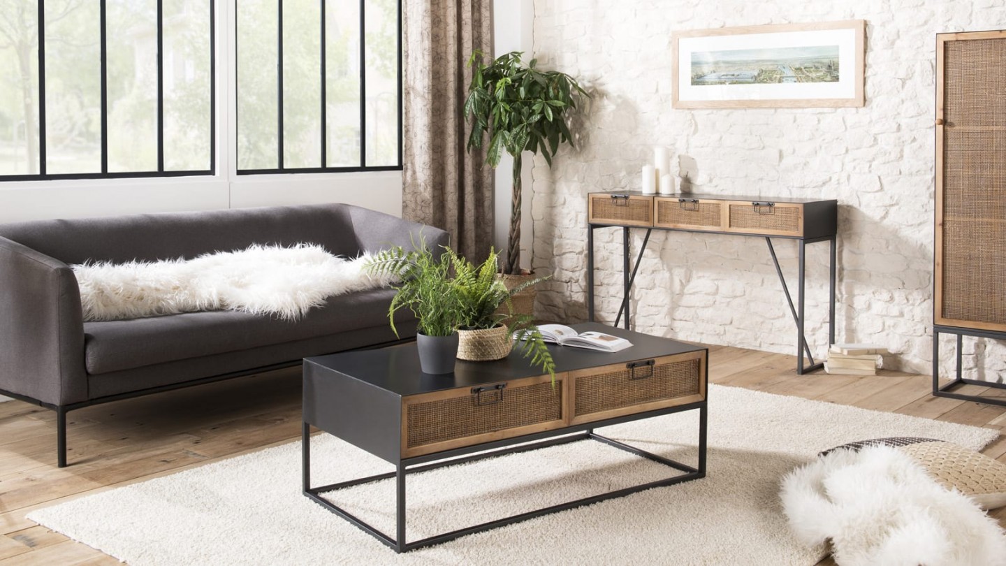 Table basse rectangulaire en métal noir 2 tiroirs en rotin - Collection Doria