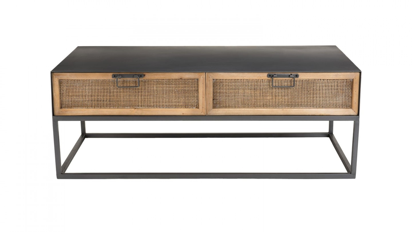 Table basse rectangulaire en métal noir 2 tiroirs en rotin - Collection Doria
