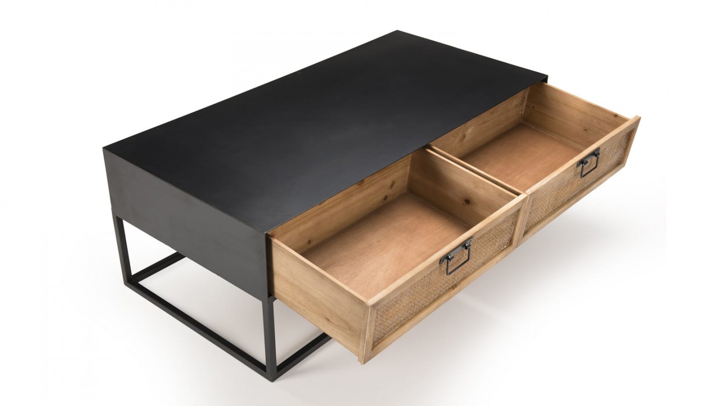 Table basse rectangulaire en métal noir 2 tiroirs en rotin - Collection Doria