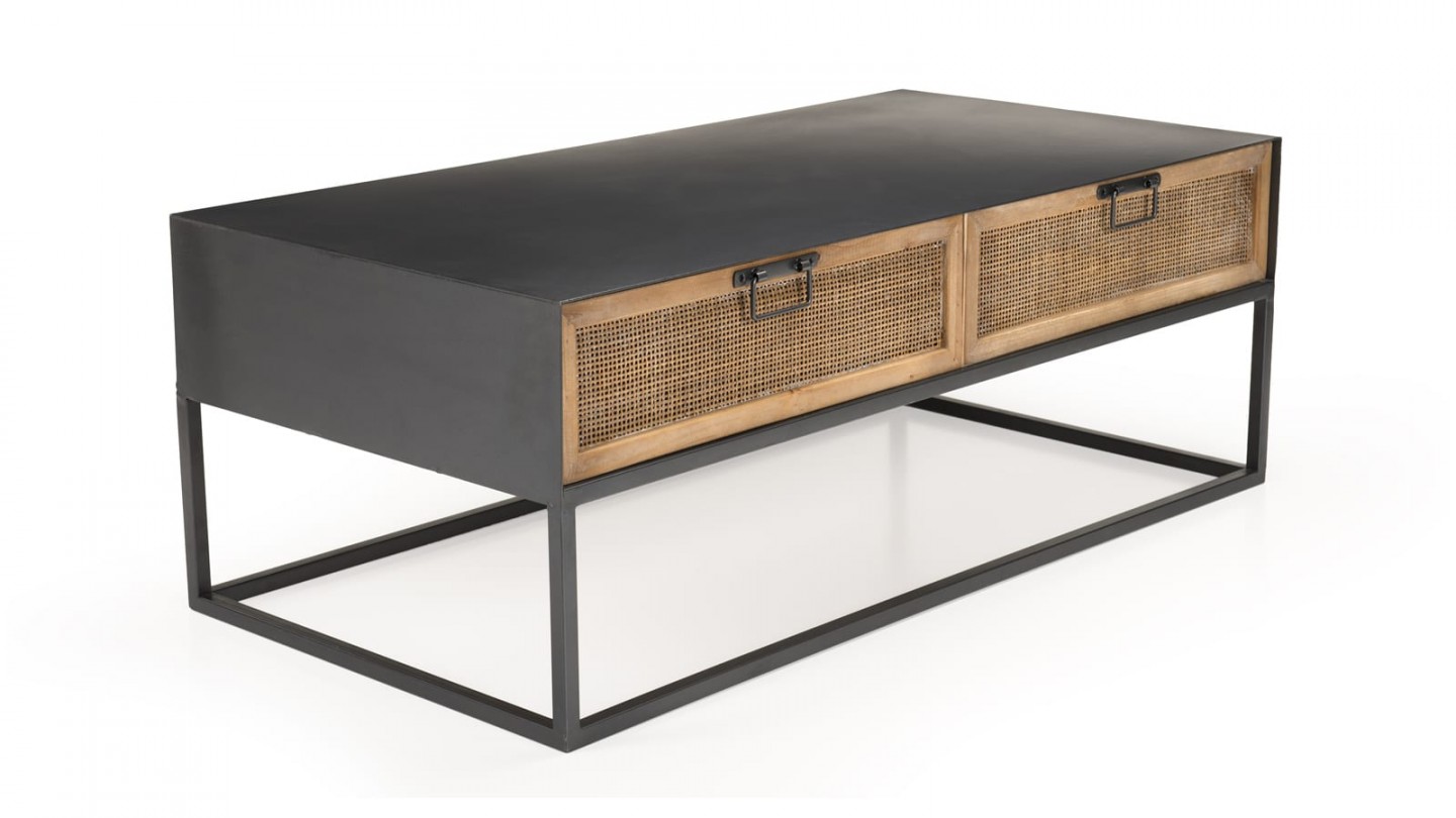 Table basse rectangulaire en métal noir 2 tiroirs en rotin - Collection Doria