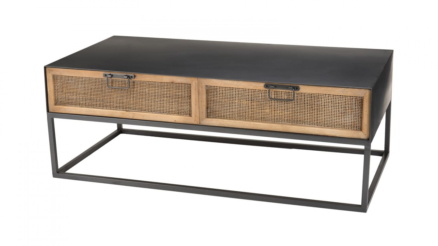 Table basse rectangulaire en métal noir 2 tiroirs en rotin - Collection Doria