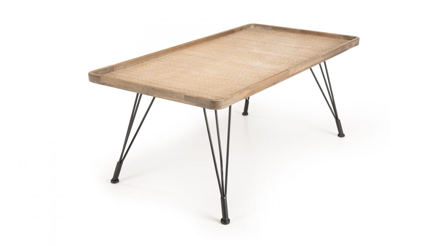 Table basse rectangulaire en rotin piètement en métal noir - Collection Doria