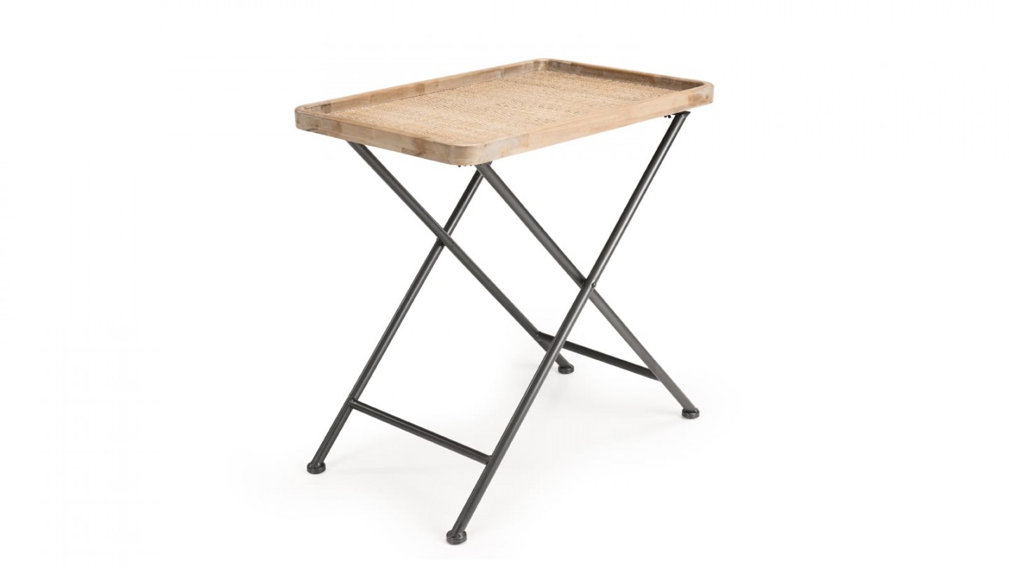 Table d'appoint rectangulaire en rotin piètement en métal noir - Collection Doria