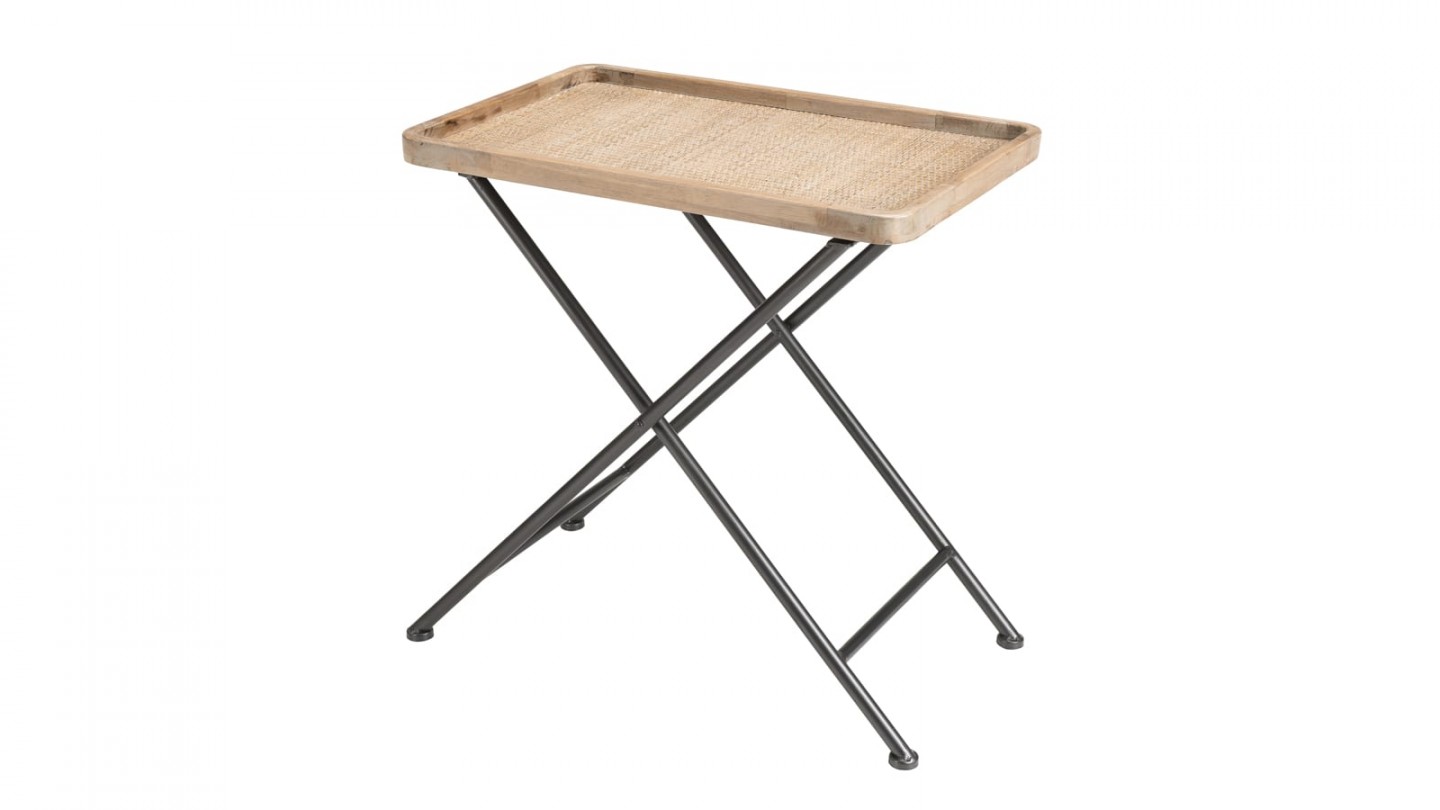 Table d'appoint rectangulaire en rotin piètement en métal noir - Collection Doria