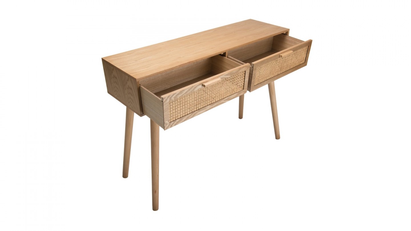 Console 2 tiroirs en bois naturel et rotin - Collection Rodrigo