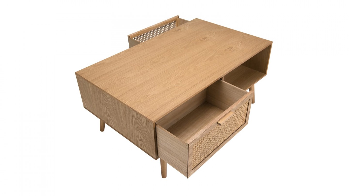 Table basse 2 tiroirs 2 niche en bois naturel et rotin - Collection Rodrigo