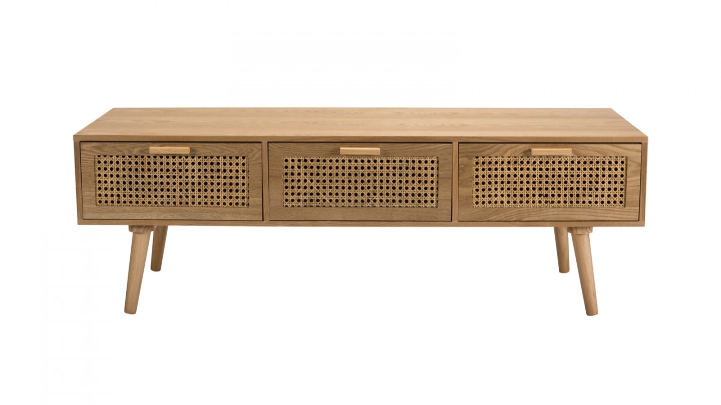 Meuble TV 3 tiroirs en bois naturel et rotin - Collection Rodrigo