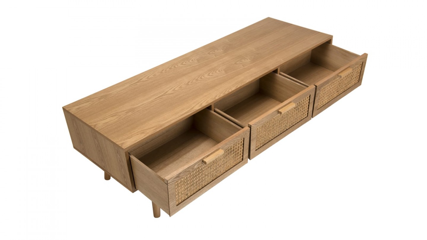 Meuble TV 3 tiroirs en bois naturel et rotin - Collection Rodrigo