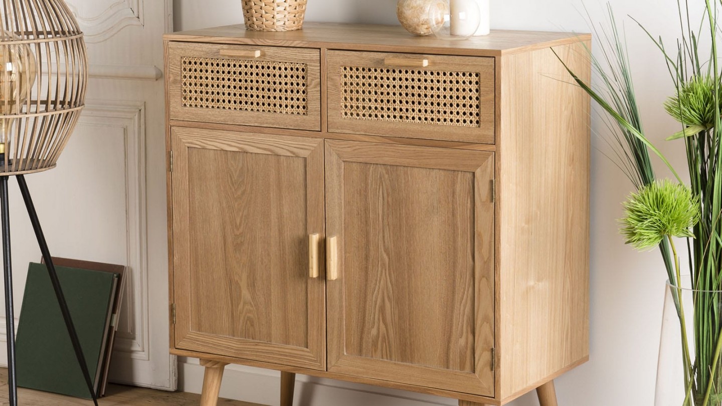 Buffet en bois naturel 2 portes 2 tiroirs en rotin - Collection Rodrigo