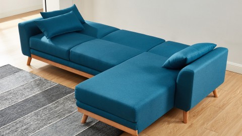 Canapé d'angle scandinave convertible en tissu bleu avec couchage 110x210cm - Collection Mathis