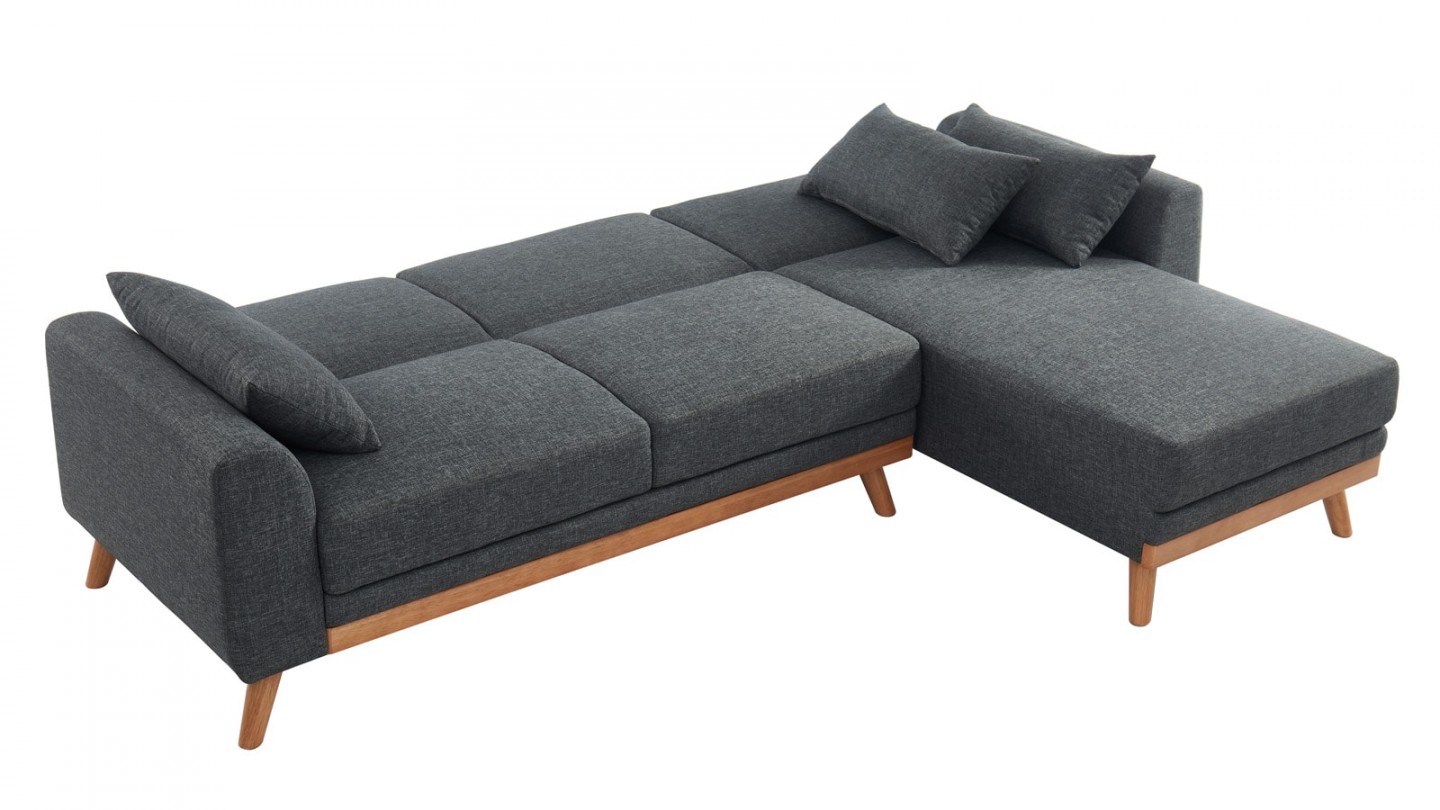 Canapé d'angle scandinave convertible en tissu gris avec couchage 110x210cm - Collection Mathis