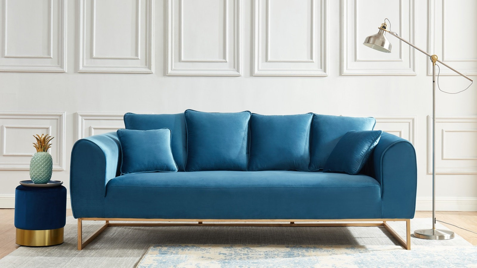 Canape Droit 3 Places Thais En Velours Bleu Pieds Dore Homifab