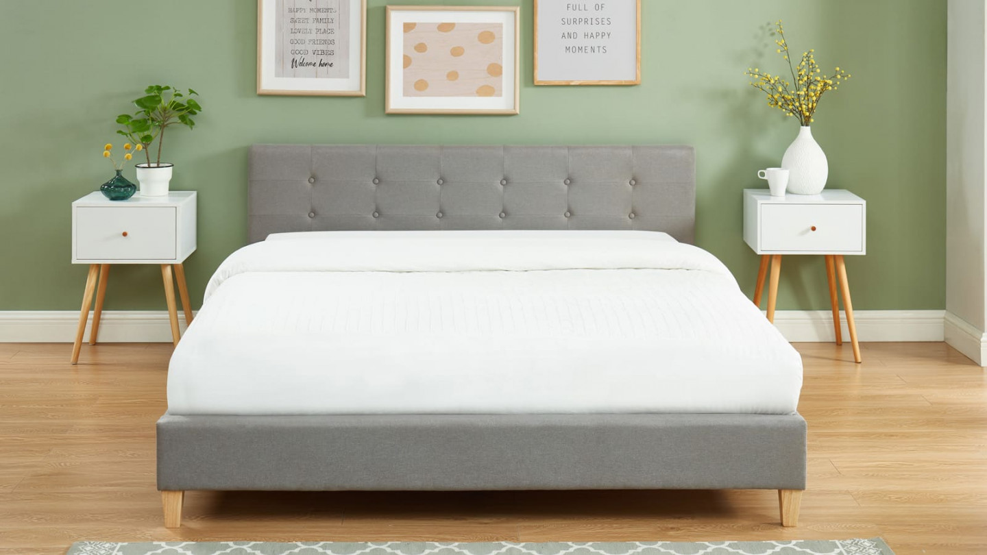 Lit pour matelas 160x200 cm aspect bois et tissu gris style scandinave