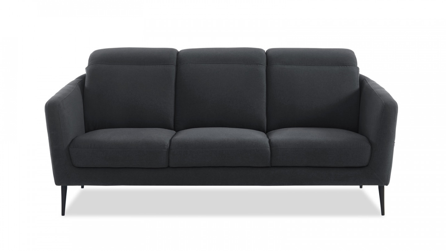 Canapé droit 3 places en tissu gris piètement en métal noir - Collection Luna