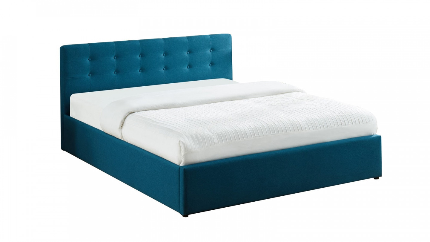 Lit coffre 160x200 en tissu bleu canard avec tête de lit et sommier à lattes - Collection Tina