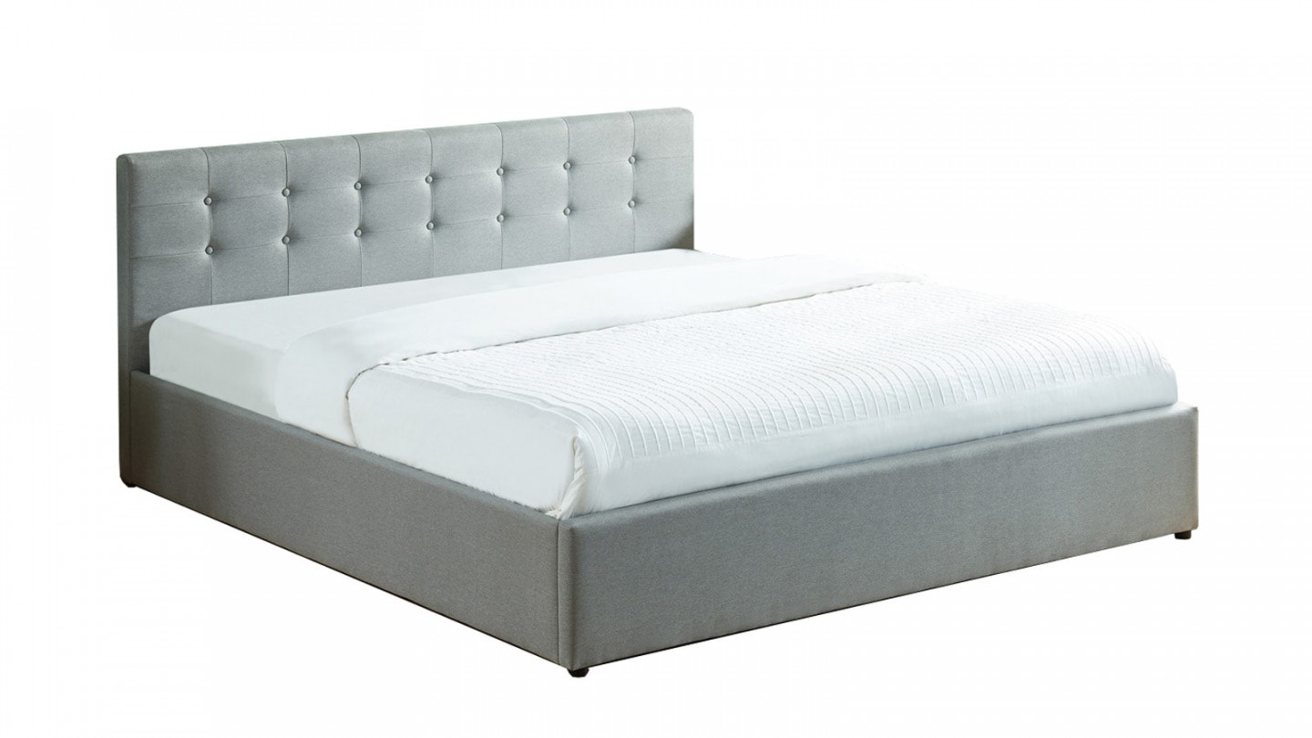 Lit coffre 180x200 en tissu gris clair avec tête de lit et sommier à lattes - Collection Tina
