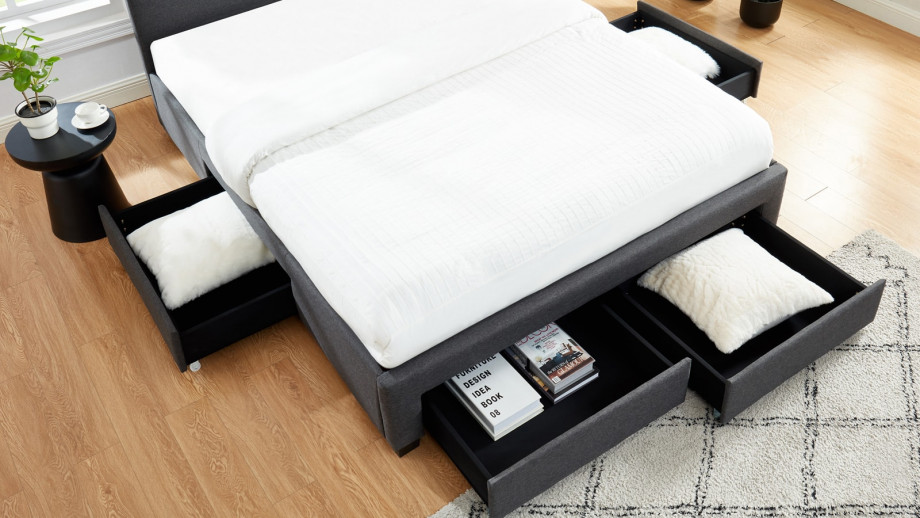 Lit à tiroirs 140x190 en tissu gris anthracite avec tête de lit et sommier à lattes - Collection Stan