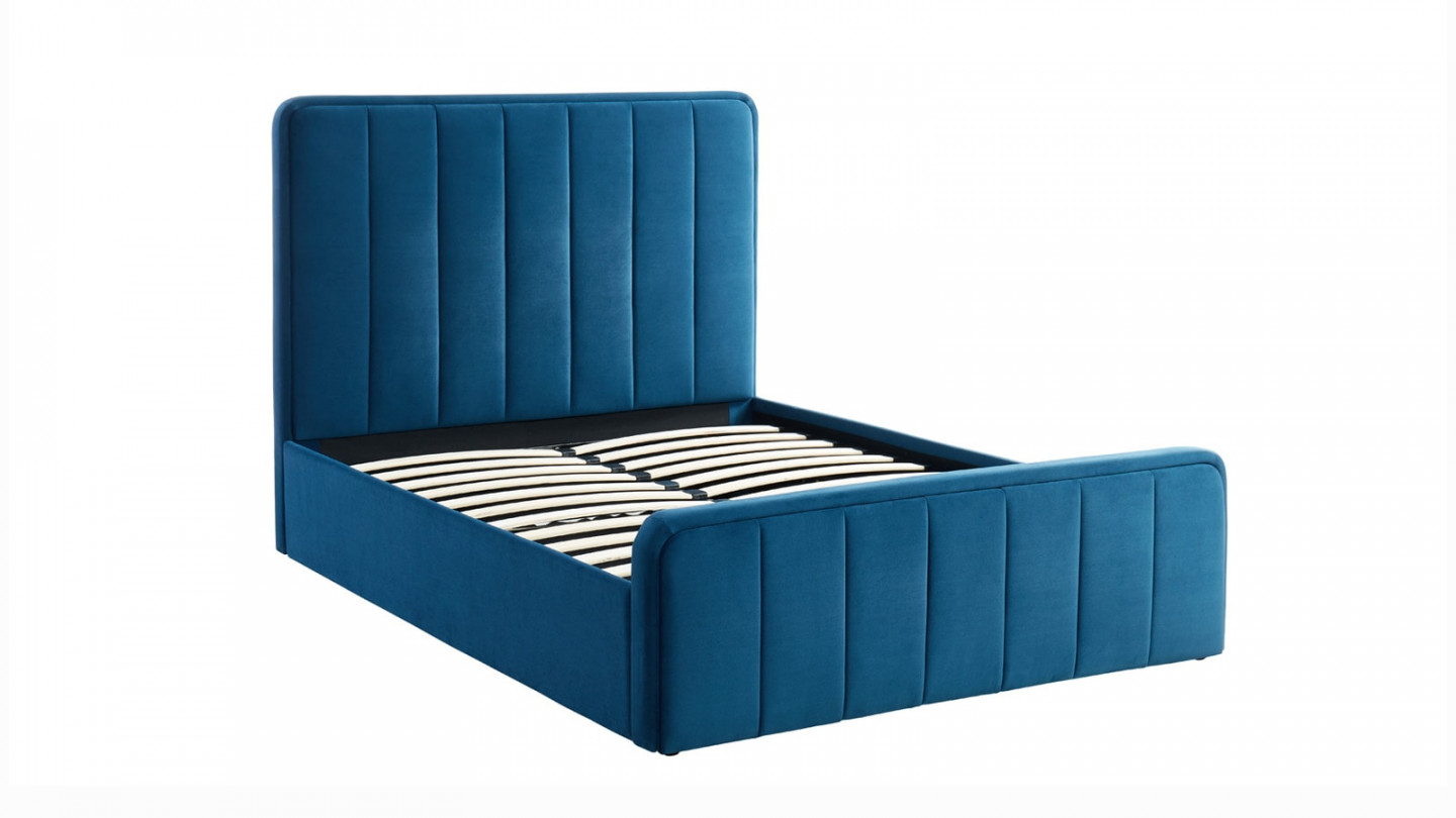 Lit coffre 140x190cm en velours bleu canard avec tête de lit + sommier à lattes - Collection Bold