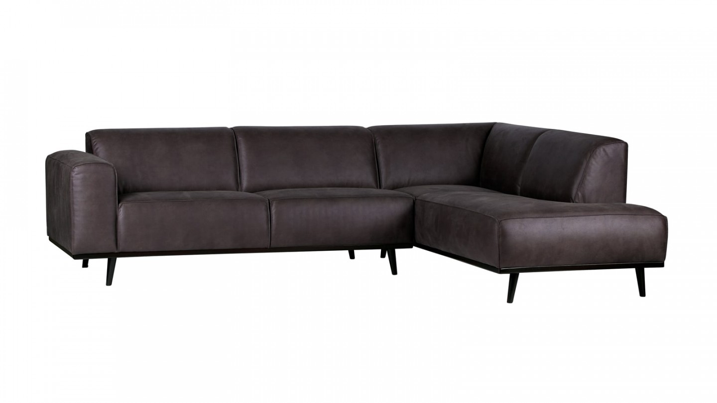 Canapé d'angle droit en cuir gris, piètement en bois - Collection Statement