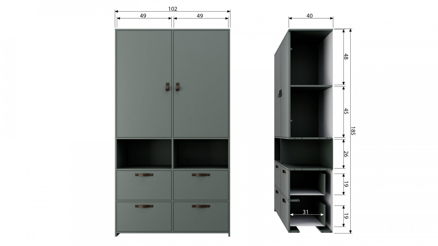 Armoire 2 portes 4 tiroirs 2 niches en bois vert - Collection Stage - Vtwonen