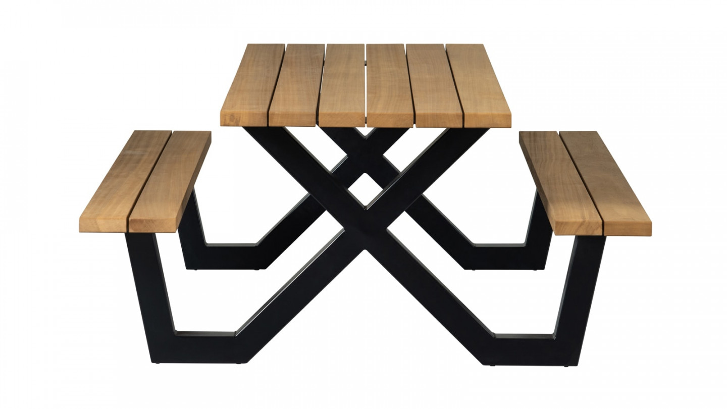 Table de jardin 6 personnes avec bancs intégrés en bois et métal - Collection Tablo - Woood