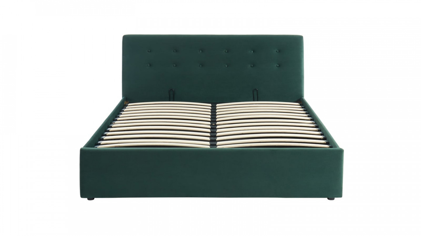 Lit coffre 160x200 en velours vert avec tête de lit et sommier à lattes - Collection Tina