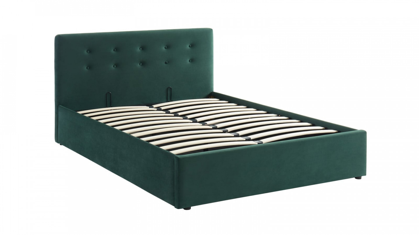 Lit coffre 140x190 en velours vert avec tête de lit et sommier à lattes - Collection Tina