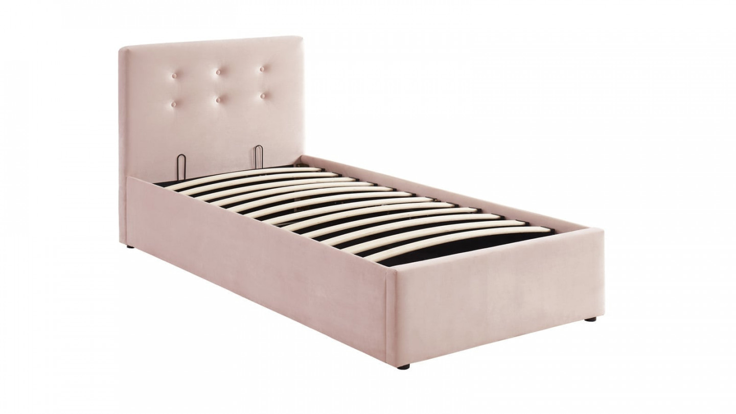 Lit coffre simple 90x190 en velours rose poudré avec tête de lit et sommier à lattes - Collection Tina