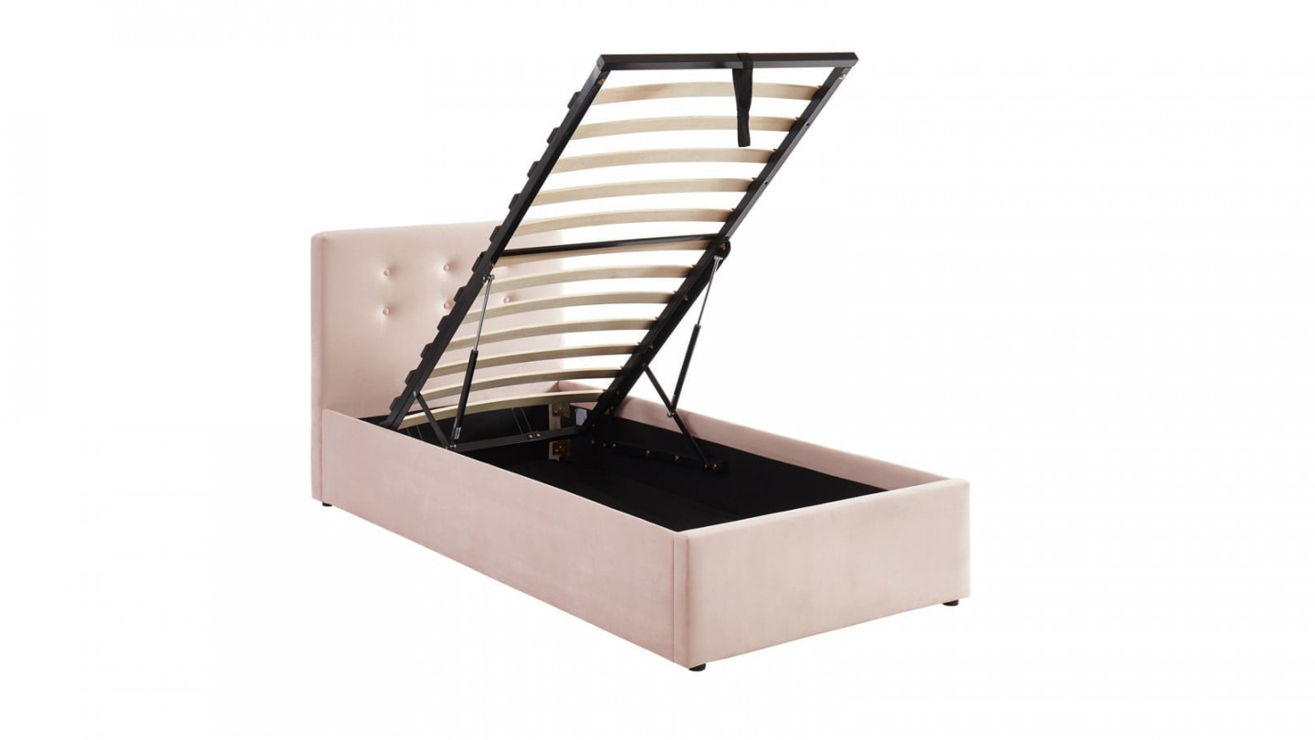 Lit coffre simple 90x190 en velours rose poudré avec tête de lit et sommier à lattes - Collection Tina