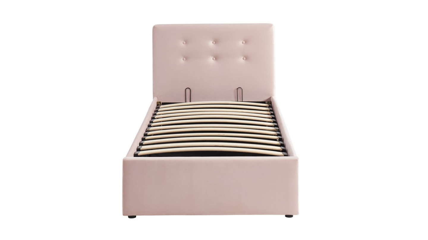 Lit coffre simple 90x190 en velours rose poudré avec tête de lit et sommier à lattes - Collection Tina