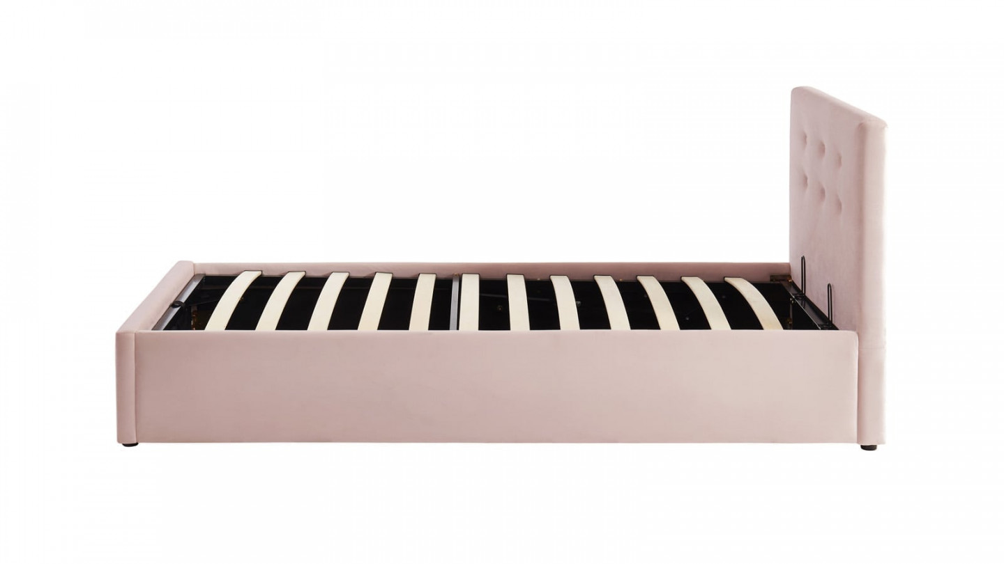 Lit coffre simple 90x190 en velours rose poudré avec tête de lit et sommier à lattes - Collection Tina