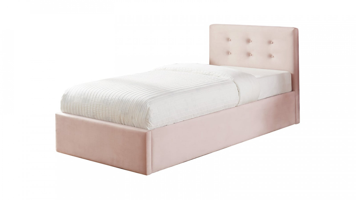 Lit coffre simple 90x190 en velours rose poudré avec tête de lit et sommier à lattes - Collection Tina